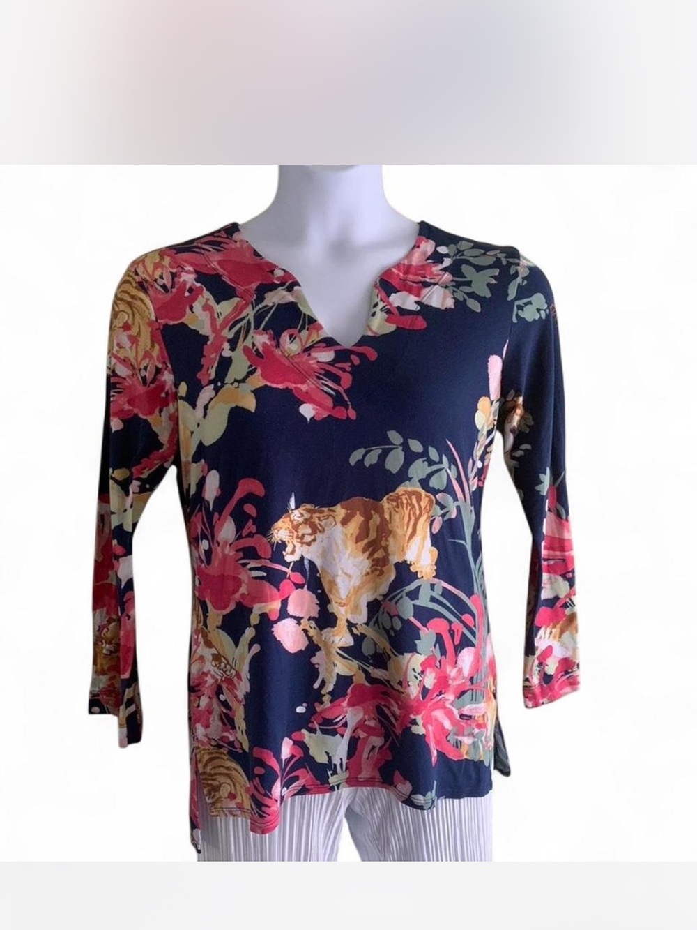 Natori Navy Floral & Tiger V-Neck Blouse with Pink Accents size M
